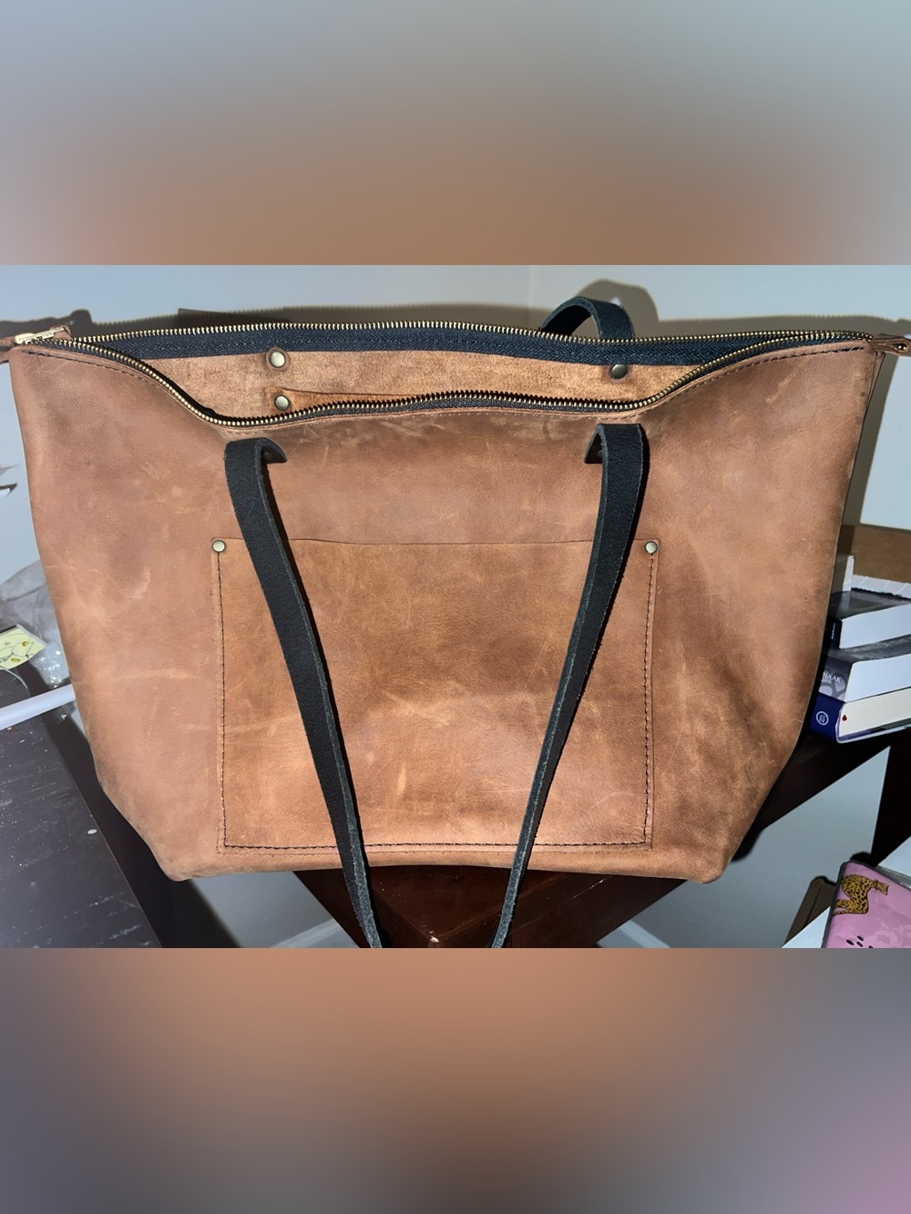 Portland Leather Goods OG Cocoa Large Zip Tote - has verdigris, see photos
